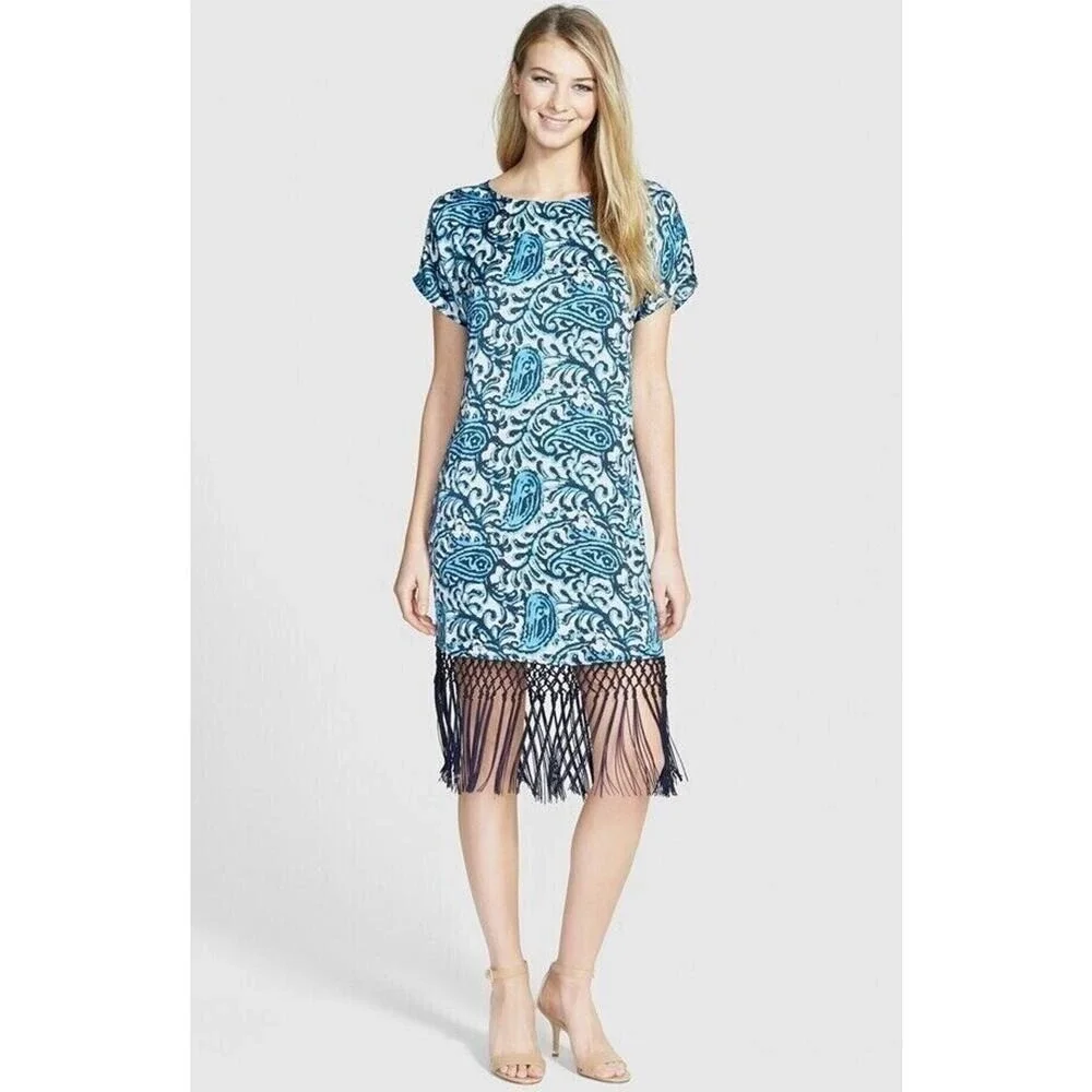 Michael Kors Fringe Trim Paisley Print Dress Womens XL Blue Batik Resort Summer - Picture 6 of 12